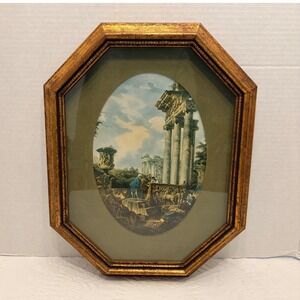 Vintage Artlore Pannini Roman Ruins Print Octagon Gold Gilt Ornate Frame MCM